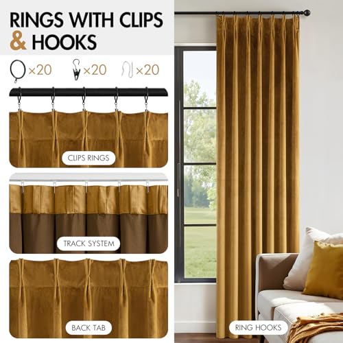 Image of MIULEE Gold Velvet Blackout Curtains 84 inches Long, Pinch Pleated Drapes with Hooks, Thermal Insulated Pleat Design Luxury Panels for Living Room Bedroom, Set of 2