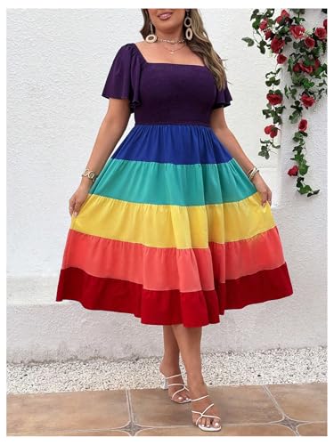 Women's Plus Size Rainbow Striped Ruffle Midi Dress Colorblock Tiered Square Neck High Waist A Line Dresses4