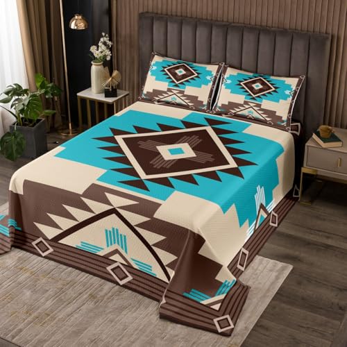 Feelyou Aztec Coverlet Set Queen Size, Blue Brown Boho Quilted Coverlet for Kids Boys Girls Southwestern Decor Bedspread Bohemian Quilted with 2 Pillow Case