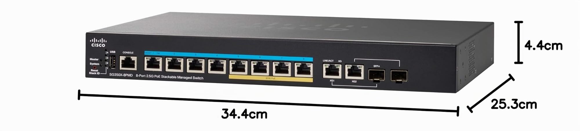Cisco Systems SG350X-8PMD Stackable Managed Switch mit 8 x 2,5G-Multigigabit-Ports Plus 240-W-PoE, 2 x 10G Combo SFP+, eingeschränkter lebenslanger Schutz (SG350X-8PMD-K9-EU) SG350-8PMD Schwarz