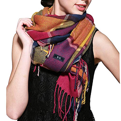 ECOMBOS Damen Schal Winter - Kariert Quadratisch Deckenschal Herbstschal Winterschal Karo Tartan Streifen Plaid Muster XXL Schal Oversized Fransen Poncho
