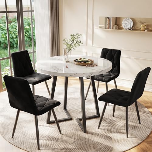 KUAKE Esstisch mit 4 Stühlen Rund, Essgruppe für 4 Personen, Samt Esszimmerstühle, Küchentisch Set mit Schwarzen Tischbein, für Ihr Esszimmer und Wohnzimmer, MDF Tischplatte (Schwarze-B)