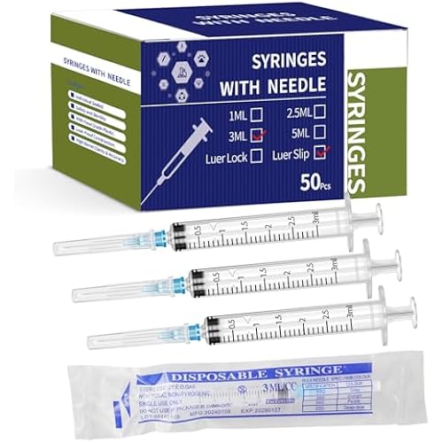 50Pack 3cc/ml Syringe with 23Ga1.0Inch Needle,Luer Slip Syringes Individual Package