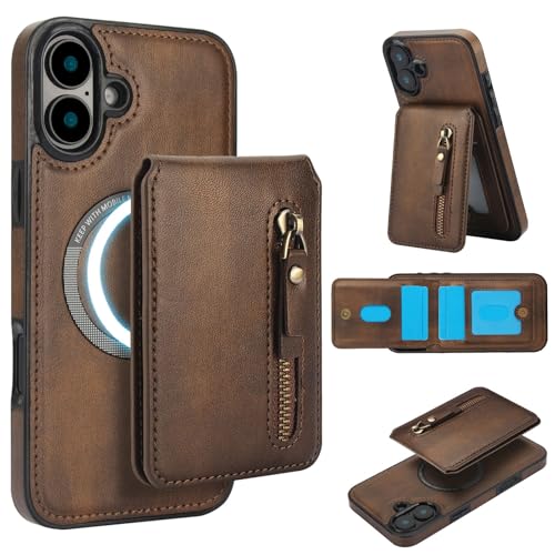 for iPhone 16 Case with 2 in 1 Detachable Magnetic Wallet, 4 Card Slots and Zipper Pocket,Compatible MagSafe, RFlD Blocking Premium PU Leather Wireless Charging-Brown Brown iPhone 16