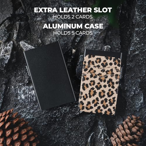 Image of VULKIT Credit Card Holder Minimalist Slim Pop Up Wallet with Leather Slots RFID Blocking for Men and Women Holds 7 Cards and Notes Leopard Chic
