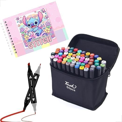 Kit Livro De Colorir Stitch Capa Dura Rosa + Canetinhas Coloridas Touch Marca Texto De 24 a 80 Cores e Tamanhos, Ponta Dupla (0,1mm e 6,0mm) – Traços Finos e Áreas Grandes (Livro + 48 Canetas)