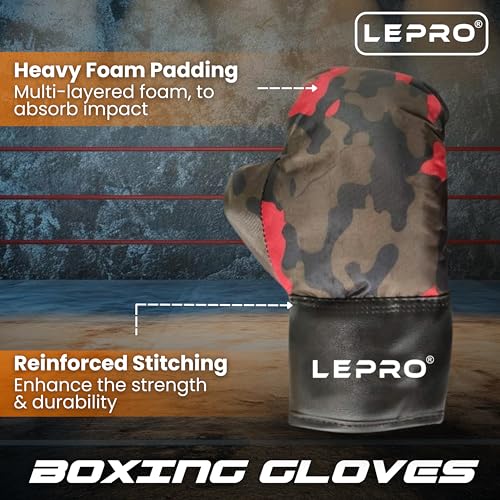 Image of LEPRO Kids Boxing Kit, Kids Punching Bag Set, Hanging Boxing Bag with Boxing Gloves & Headgear, Kids Boxing Set for 2-8 Years for Karate Muay Thai Kick Taekwondo Training (Camo Red)