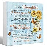 Daughter Gift from Mom, To My Daughter Never Forget that I Love You Quote Sunflower Butterfly Wood Block Sign Desk Décor for Daughter, Graduation Gift Birthday Gifts for Daughter