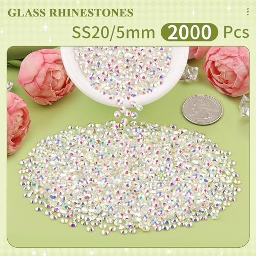 Image of 2000PCS SS20 /5mm Crystal Glass Rhinestones for Bedazzling (Transparent AB) | Flatback Rhinestones for Crafting DIY Nail Art Makeup Decoration, Gems Diomand Charms for Tumbler Shoes Clothing Mug
