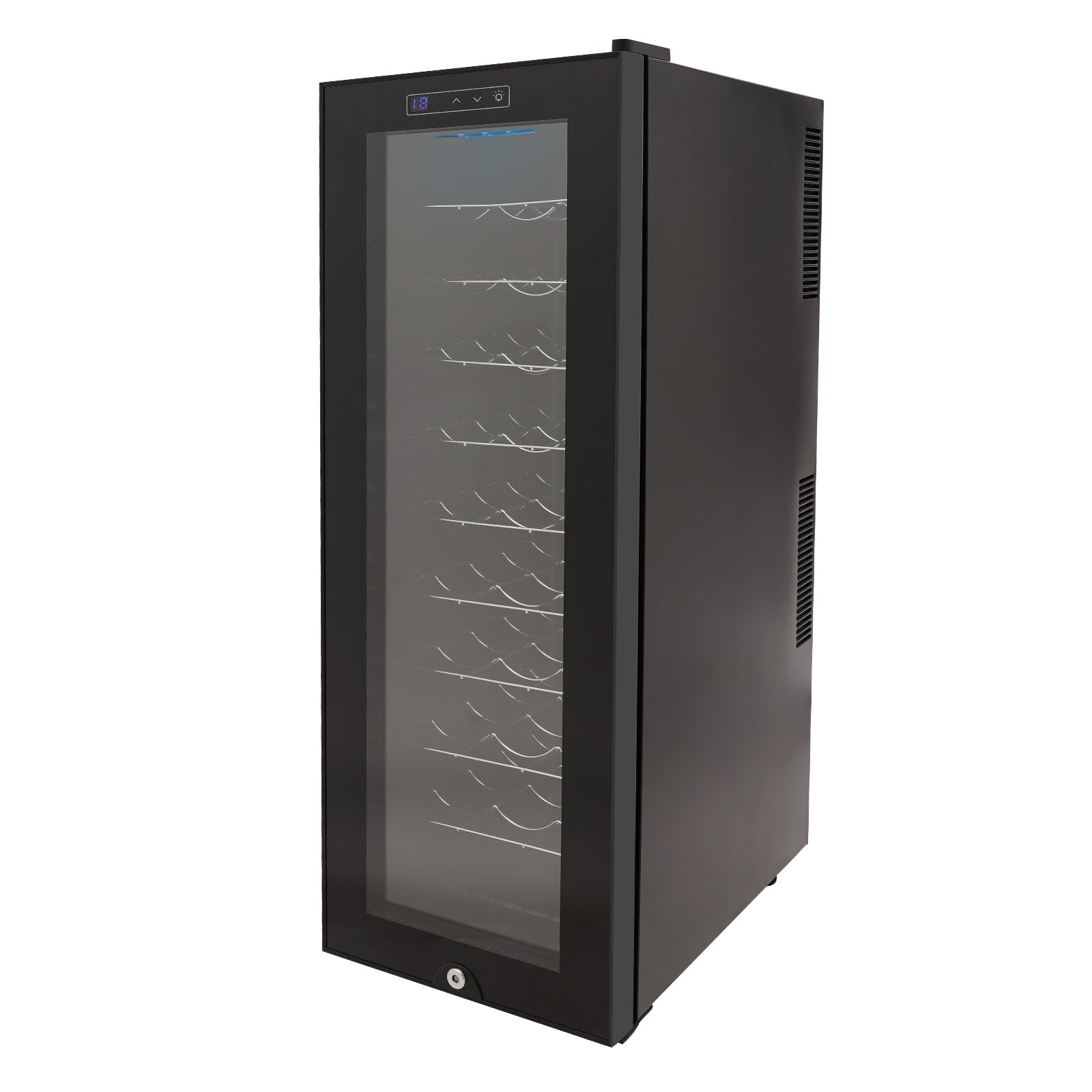 Nevera de vino 90L independiente para 30 botellas, puerta de cristal templado con luz LED, rango de temperatura de 5 – 18 °C (140 W), color negro
