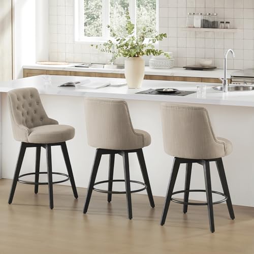Image of Watson & Whitely Counter Height Bar Stools Swivel Barstools, Fabric Tan | Set of 3, Upholstered Modern Barstool with Back, Solid Wood Legs, 26 inch H Seat