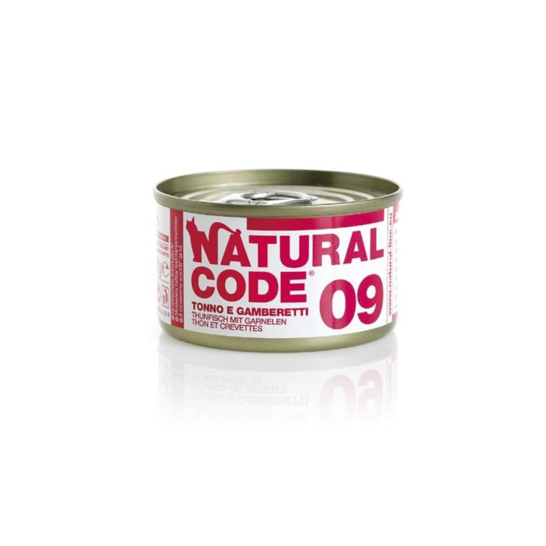 Natural Code - Comida húmeda para gatos adultos con sabor a atún y gambas, número 09, alimento completo en SFILACCETTI para gatos adultos de todas las tallas, altamente digerible | 12 latas de 85