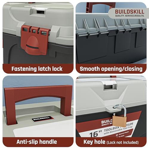 Image of BUILDSKILL 16 inch Medium Tool Box for Home | Convenient Top Lids & Removable Tool Tray | Secure Latch Lock | Key Hole | Heavy Duty Impact Resistant Body | Ideal Repair Toolbox for DIY & Professional Use