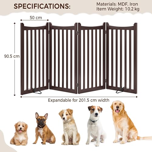 Image of Yaheetech Freestanding Pet Gate Indoor 4-Panel Wooden Stair Gate for Small and Medium Dogs, Foldable Dog Fence with 2 Support Feet,Pets Door for Doorways /Stairs /Halls /Kitchen (91cmH, Espresso)