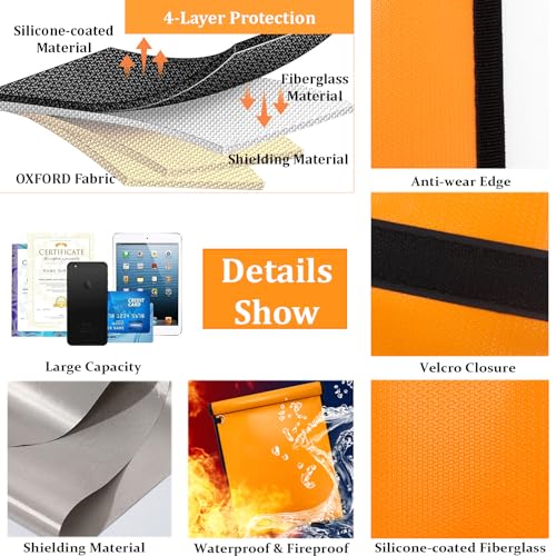 Ohwekit Faraday Bag for Tablets (15 x 10 inches), Signal Blocker Faraday Cage, Cell Phone Signal Jammer, Fireproof & Waterproof Faraday Bags, Anti-Theft RFID Pouch, Anti-Hacking Case Blocker(Orange) - Thumbnail 6