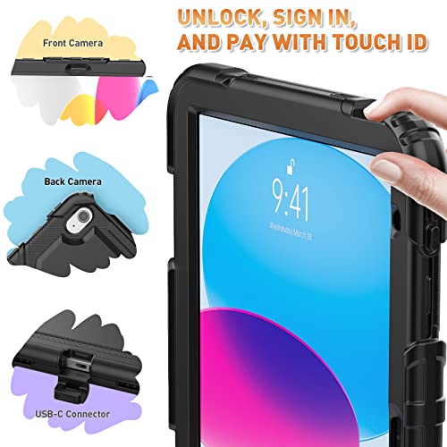 Timecity Ipad 10Th Generation Case 10.9 Inch 2022 Release, Ipad 10 Case A2696/ A2757/ A2777 With Screen Protector Pencil Holder Kickstand Hand/Shoulder Strap. Protective Case For Ipad 10Th Gen, Black #TOP3