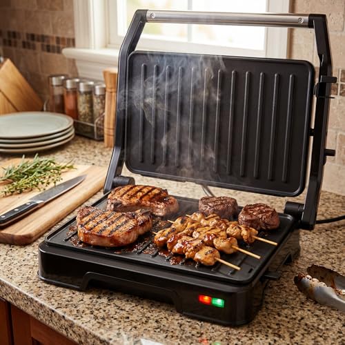 Image of KEINVE Panini Press Grill & Sandwich Maker - 2-Slice, 180 Adjustable Hinge, 900Watt Electric Grill Non-Stick Cast Aluminum Plates for Panini, Steak, Bread & More, Easy to Clean, Perfect for Kitchen