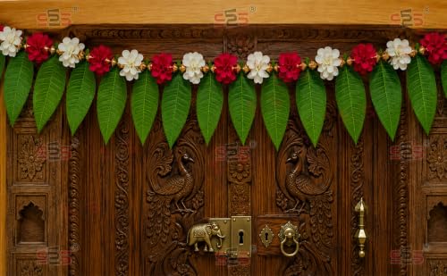 Image of S2S Artificial Mango Leaves Toran with Pink & White Flowers (1 Pcs) (40 Inch Length) | Hanging Toran for Main Door | for Wedding, Diwali, Ganpati, Pooja, Temple & Mandir Decor