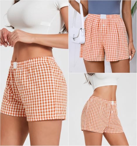 Image of Women Pajamas Shorts Y2k Elastic Waist Plaid Boxer Shorts Cute Gingham Sleep Lounge Bottoms