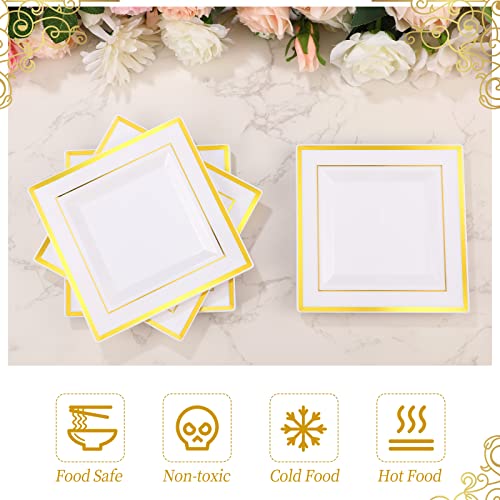 Gandeer 200 Pcs Square Plastic Plates, 6.5 Inch Disposable Salad Dessert Plates Hard Square Dinner Plates For Wedding Anniversary Bachelorette Baby Shower Birthday Party(White, Gold) #TOP2