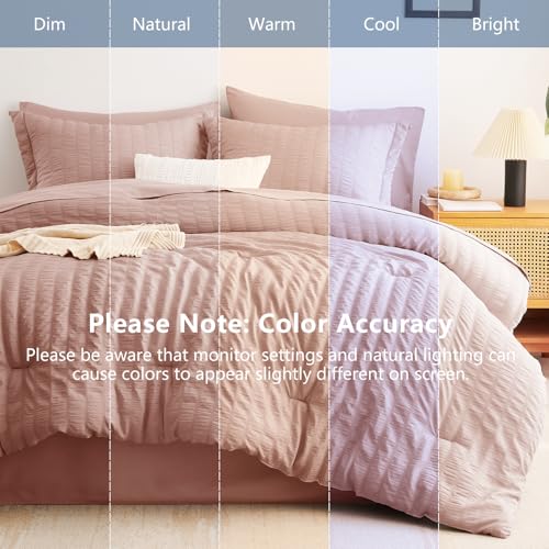 Image of CozyLux King Size Comforter Set Rose Gold, 7 Pieces Seersucker Textured Luxury Bed in a Bag Dusty Pink, All-Season Soft Bedding Sets with Down Alternative Comforter, Sheets, Pillowcases & Shams