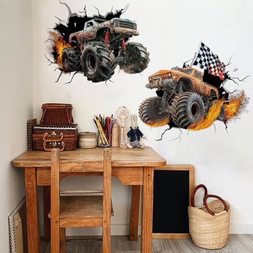 Runtoo Autocollant mural 3D Monster Truck pour chambre de garçon Motif voiture de course