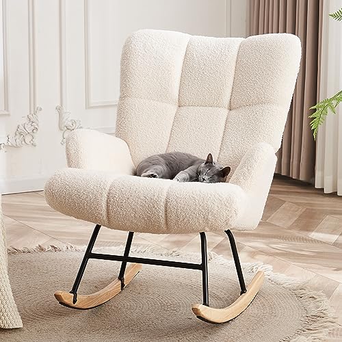 Image of DAICO Nursery Rocking Chair Indoor Upholstered Teddy Fabric Glider Chair Rocking Accent Chair Comfy Glider Rocker Chiar with High Back Nursery Chair with Armrest for Living Room Bedroom (White)