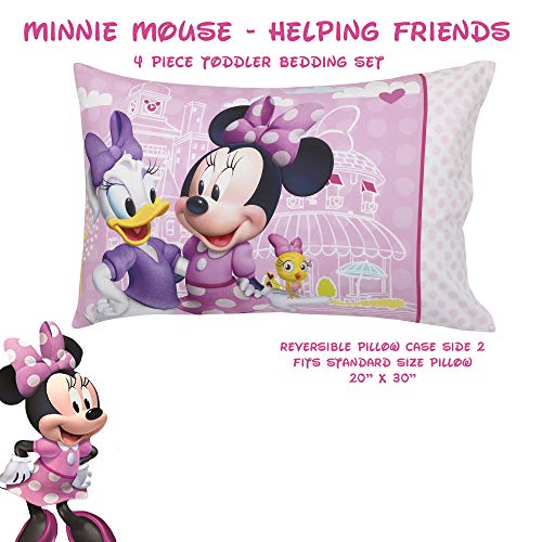 Disney Minnie Mouse Helping Friends 4 Piece Toddler Bedding Set - Fitted Sheet, Pillow Case, Top Sheet, And Comforter Quilt - Pink #TOP6
