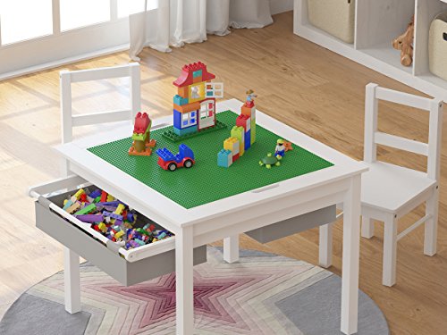 UTEX-Wooden-2-in-1-Kids-Construction-Play-Table-and-2-Chairs-Set-with-Storage-Drawers-and-Built-in-Plate-Compatible-with-Lego-and-Duplo-Bricks-White-with-Grey-Drawers UTEX Wooden 2 in 1 Kids Construction Play Table and 2 Chairs Set with Storage Drawers and Built in Plate Compatible with Lego and Duplo Bricks White with Grey Drawers