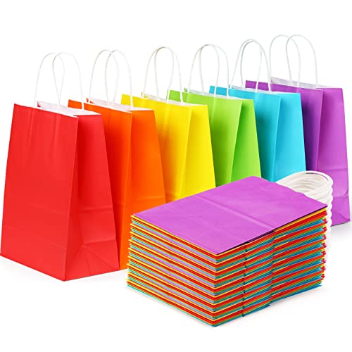 Shopday 36 Pcs Party Favor Bags 8X4.25X10.5 Gift Bags With Handles Bulk, Rainbow Kraft Paper Bags Goodie Bags 6 Assorted Colors Birthday Gift Bags Medium Sizes For Kids Wedding Craft Baby Shower Christmas #TOP18