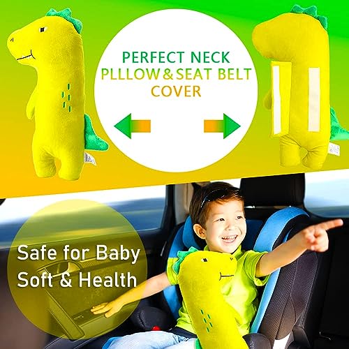 Image of Seat Belt Cover Pillow for Kids, Car Seatbelt Cushion Shoulder Neck Support Protector Pad, Soft Stuffed Plush Travel Vehicle Safety Belts Strap Pillow for Boys and Girls Headrest (Dinosaur)