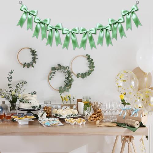 Image of 2 Strings of 16PCS Sage Green Bow Garlands Banner Decoration,Pre-Strung Satin Ribbon Ornaments for Birthday,Bachelorette Party,Bridal Shower,Wedding,Engagement,Baby Shower,Graduation Decor,Anniversary