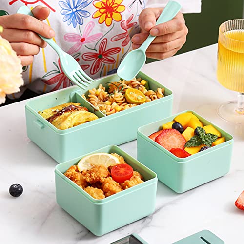 Jsdoin Bento Lunch Box Stackable,1400ml Containers with 3 Removable Compartments and Cutlery, Leak Proof 2 Layer Boxes, for Adults Kids Office Microwave Dishwasher Safe Available (Green) - Image 4