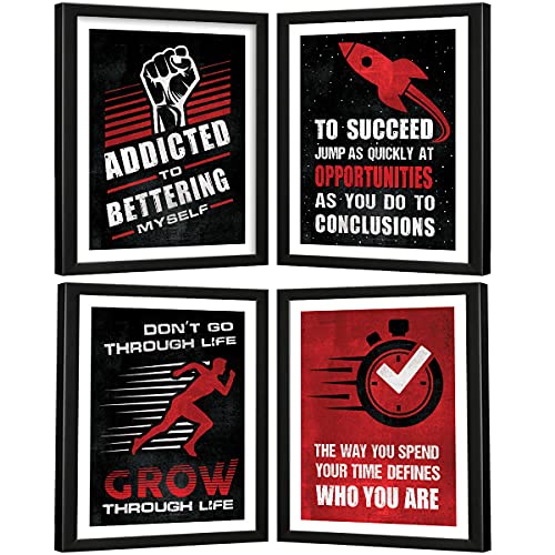 Image of Chaka Chaundh - Motivational Quotes frames - Framed posters - Wall frames for OFFICE, STUDENT & ENTREPRENEUR - Photos with quotes - Posters with frame (34 x 27 x 4 cm)-Set of 4 (Red - Black)