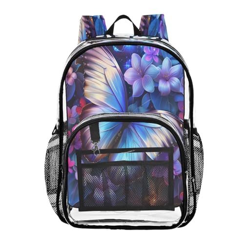 Neon Blue Butterfly Floral Print Clear Backpack Heavy Duty See Through Transparent PVC BookBag for Kids Boy Girl School Work