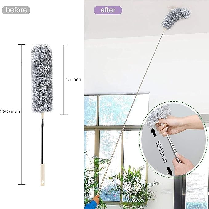 Image of Force24 - Microfiber Feather Duster Bendable & Extendable Fan Cleaning with 100 inches Expandable Pole Handle for High Ceiling Fans,Window Blinds, Furniture