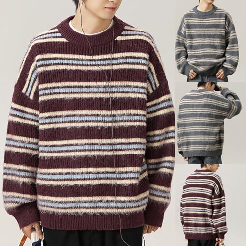 Cambkatl Men's Striped Pullover Sweaters, Loose Crewneck Long Sleeve Casual Knitted Sweater Tops2