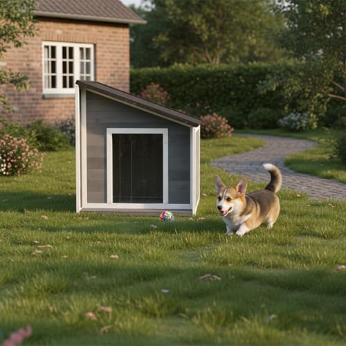 Relaxdays Hundehütte, Holz, wetterfest, klappbares Schrägdach, Hundehaus für kleine Hunde, HBT: 77x71x58 cm, grau/weiß