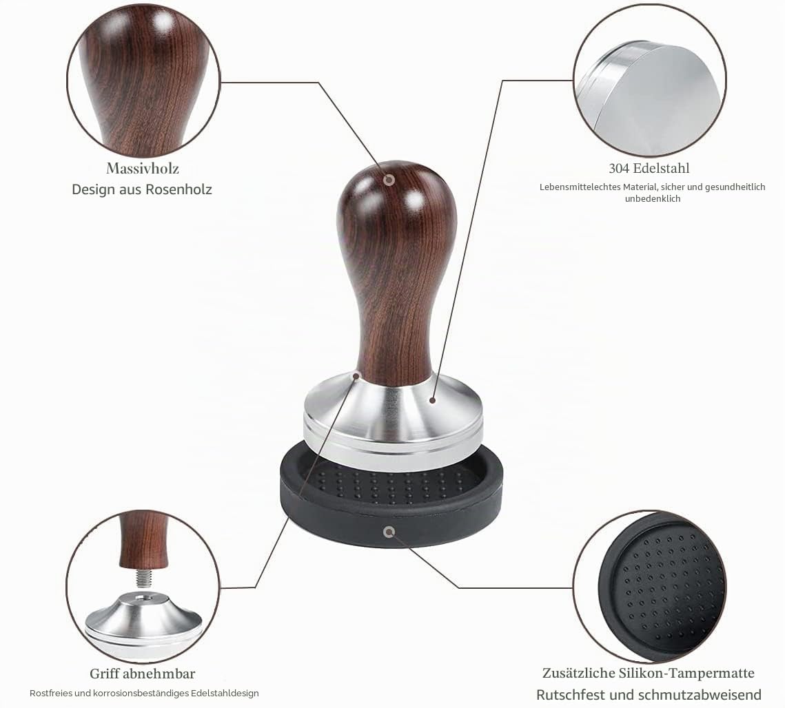 Espresso Tamper Set 58mm Kaffee Tamper Espresso Presse mit Tampermatte 304 Edelstahl Flachboden Holzgriff für Kaffeesatz Barista Espressomaschinen Zubehör