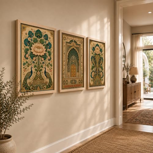 Image of NoWorries Elephant Peacock Wall Art Set of 3 Framed Prints | Indian Traditional Lotus Floral Painting, Royal Palace Arch Poster, Vintage Rajasthani Ethnic Wall Decor for Living Room Bedroom Home (Synthetic Engineered Wooden Frame) (MIN -5, 25x37 inches)