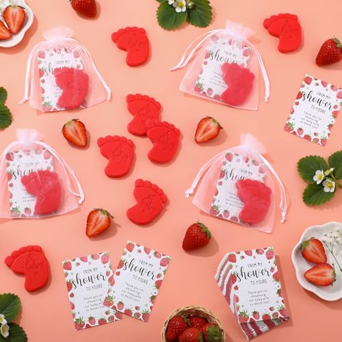 Image of 50 Sets Baby Shower Soap Favors for Guests - Mini Handmade Footprint Scented Soap with Thank You Cards and Organza Bag, Party Gifts for Gender Reveal Baptism(Strawberry,Red)