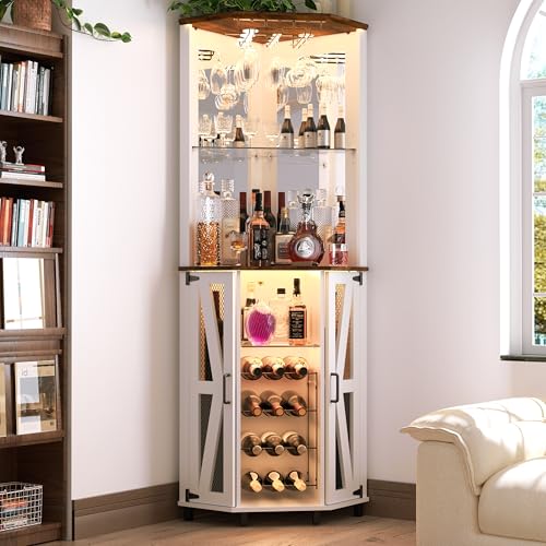 Oransail 68.9“ Tall Corner Bar Cabinet, Wine Bar with LED Light and Mirror, Farmhouse Liquor Cabinet with Adjustable Shelf & Glass Rack, for Dining Room, Living Room