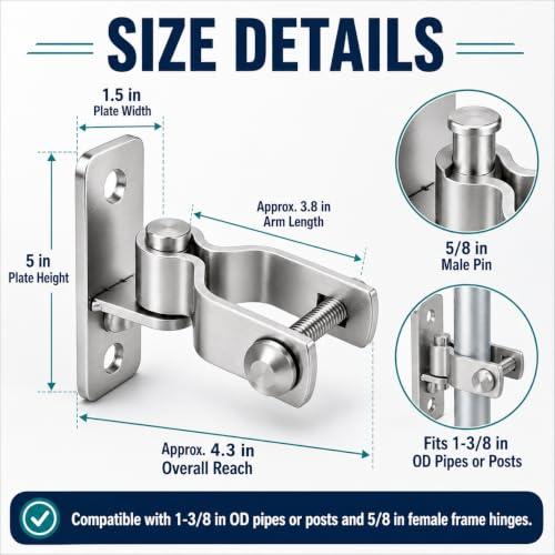 Image of 2-Pack Heavy Duty Wall Mount Gate Hinges for Chain Link Fence, 1-3 /8 inch OD Pipe Farm Gate Hardware with 5 /8 inch Male Pin, Outdoor Metal Gate Hinges