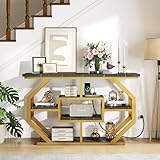 YITAHOME 51 Inch Console Table Sofa Table with Power Outlets, Modern Entryway Table Foyer Table with Storage Shelves, Luxury Faux Marble Accent Table for Entrance, Hallway, Living Room, Black & Gold