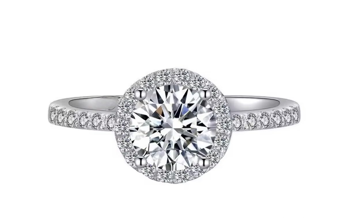 Anello di fidanzamento con halo rotondo, in acciaio inox placcato in platino, strass, regolabile, design elegante