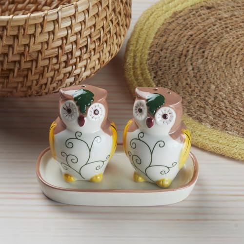 Image of Kookee Ceramic Salt and Pepper Shakers Set with Tray - Elegant Namak Dani, Spice Sprinkler & Dispenser for Dining Table, Kitchen & Restaurant Use (Pack of 2) (10668)