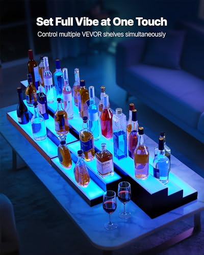 Image of VEVOR LED Lighted Liquor Bottle Display, 1 Tier 48 Inches Whiskey Rack, Supports USB, Illuminated Home Bar Shelf with RF Remote & App Control, 7 Static Colors, Acrylic Lighted Shelf for 12 Bottles