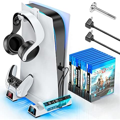 OIVO PS5 Stand with Cooling Fan and dual PS5 Charging Station with Headphone Stand in Mini Size for Playstation 5 PS5 Console, Space Saving PS5 Fan with PS5 Controller Charger and 10 Game Storage Cover