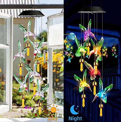 Idefair Solar Wind Chimes with Waterproof for Outside Hummingbird Windchime with 6 Metal Bells,7 Colors-waterproof Decorative LED Lights,29\'\' Waterproof Hanging Chimes for Home/Garden/Yard/Patio Decor