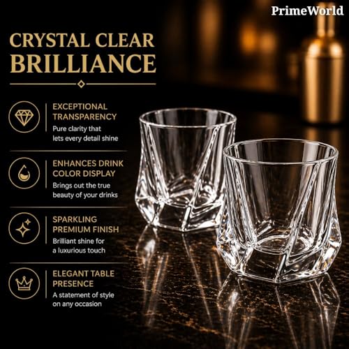 Image of PrimeWorld Eropean Twister Crystal Whiskey Glasses Set of 6 pcs- 300 ml Bar Glass for Drinking Bourbon, Whisky, Scotch, Cocktails, Cognac- Old Fashioned Cocktail